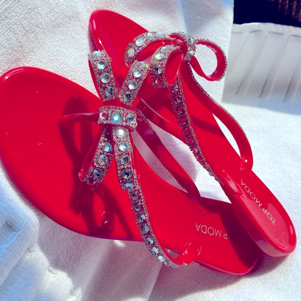 SZ 8 NWT RED RHINESTONE JELLY TOP MODA SANDAL BOW BLING - Picture 5 of 7
